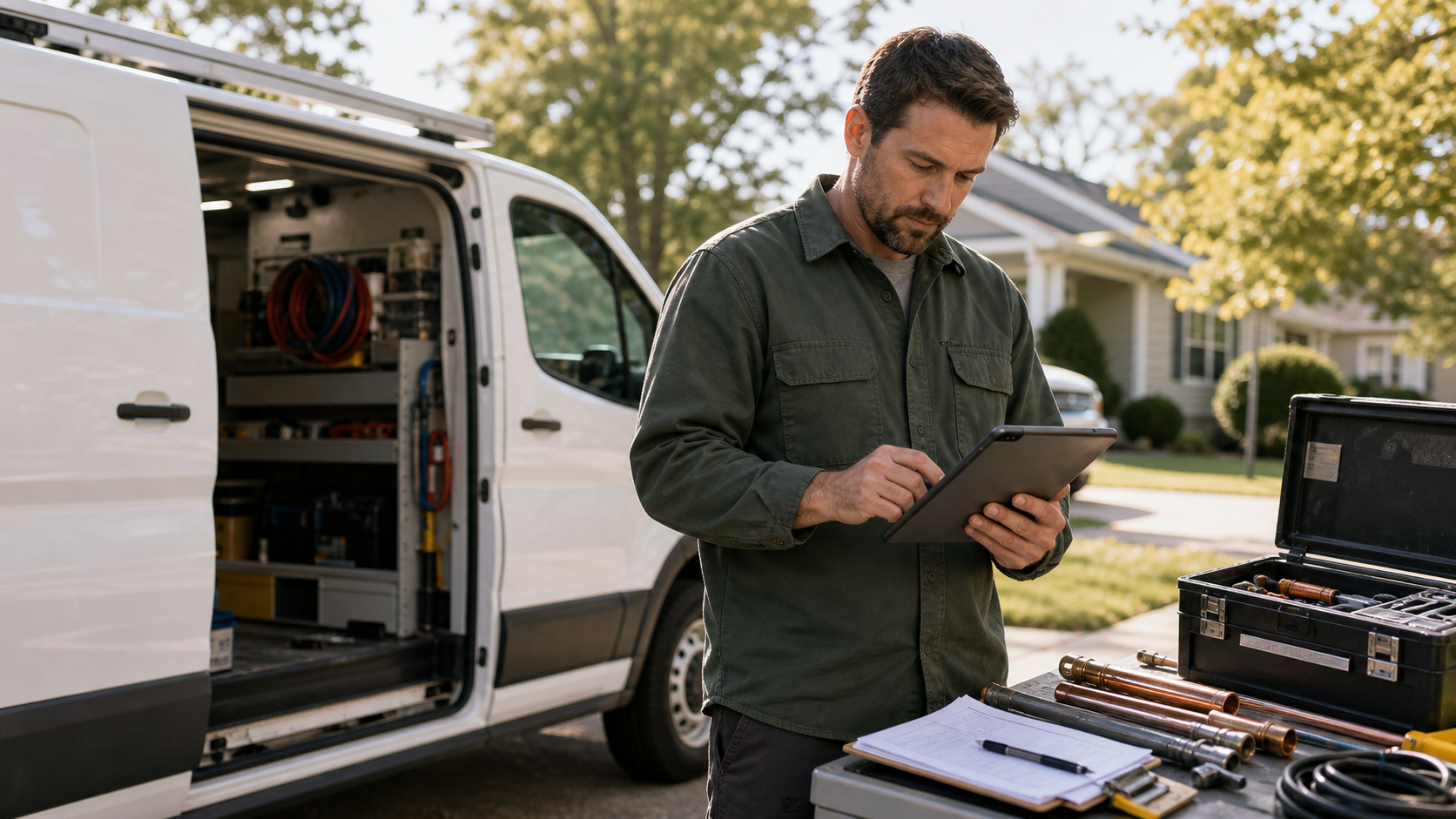Home services owner reviewing estimate requests beside a branded service van and organized job notes