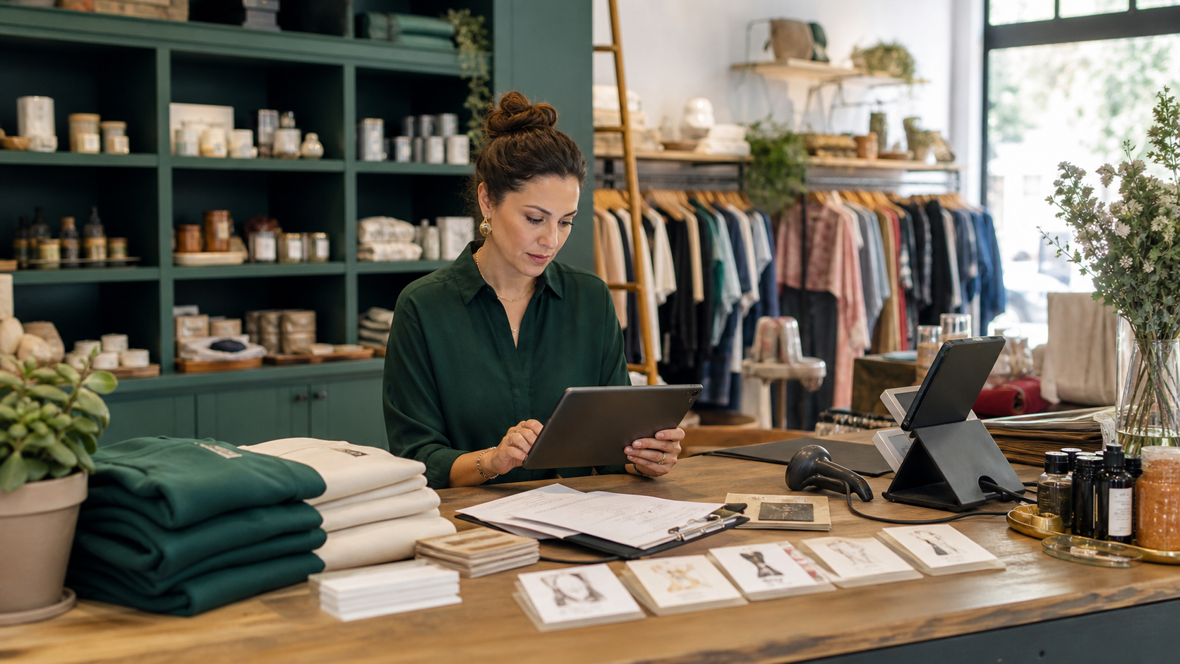 Retail owner reviewing workflow, inventory, and customer follow-up details at a shop counter